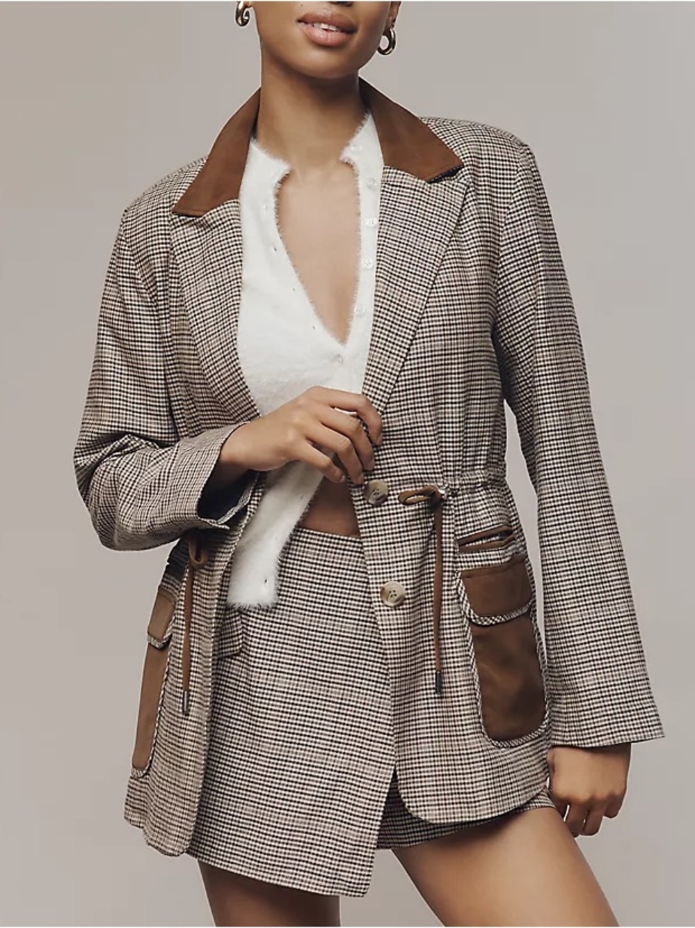 Anthropologie Maeve Cinch-Waist Blazer Brown Beige Plaid Faux Suede Trim Prep S